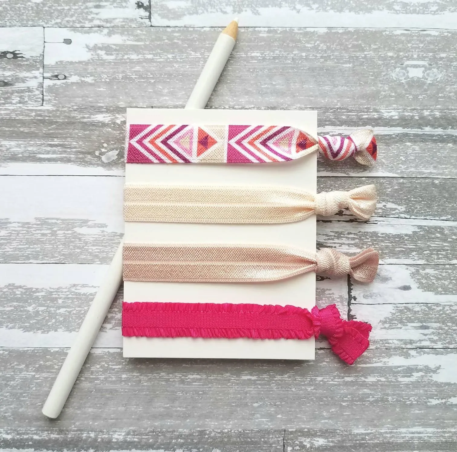 Pink Tribal Hair Band Set - elastic ruffle tie knot bow ponytail holder - no crease gentle fine thick ribbon - Aztec geometric chevron white