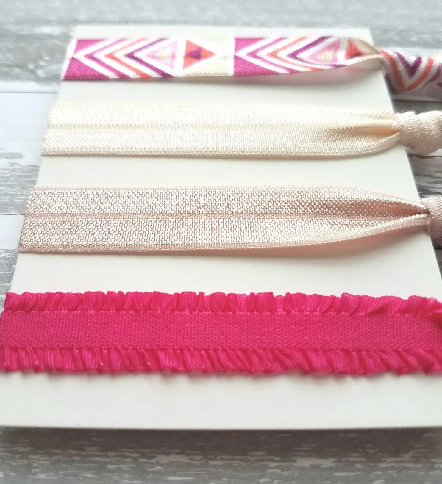 Pink Tribal Hair Band Set - elastic ruffle tie knot bow ponytail holder - no crease gentle fine thick ribbon - Aztec geometric chevron white