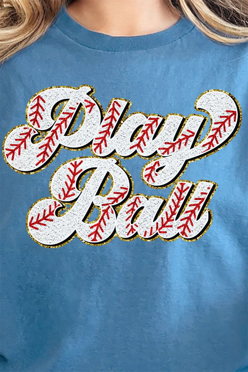 Play Ball Baseball Faux Chenille Patch Transfer Short Sleeve Relaxed Fit T-Shirt