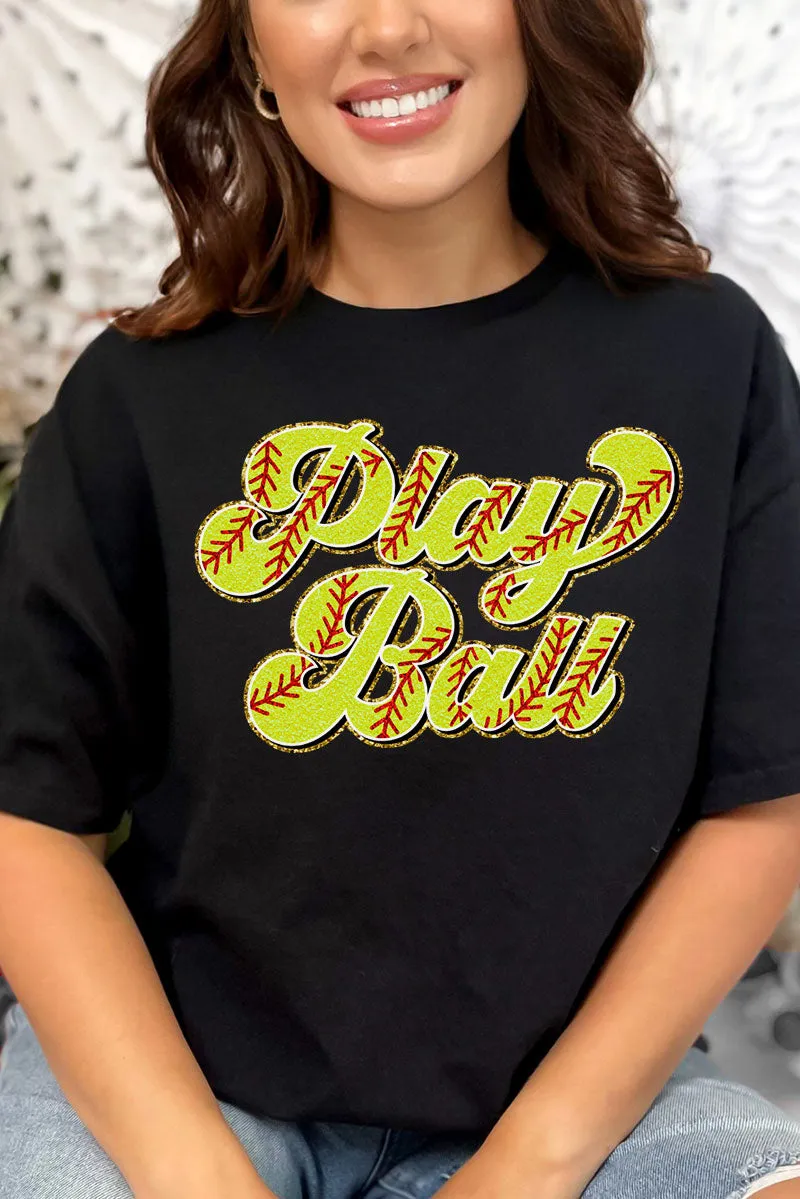 Play Ball Softball Faux Chenille Patch Transfer Short Sleeve Relaxed Fit T-Shirt