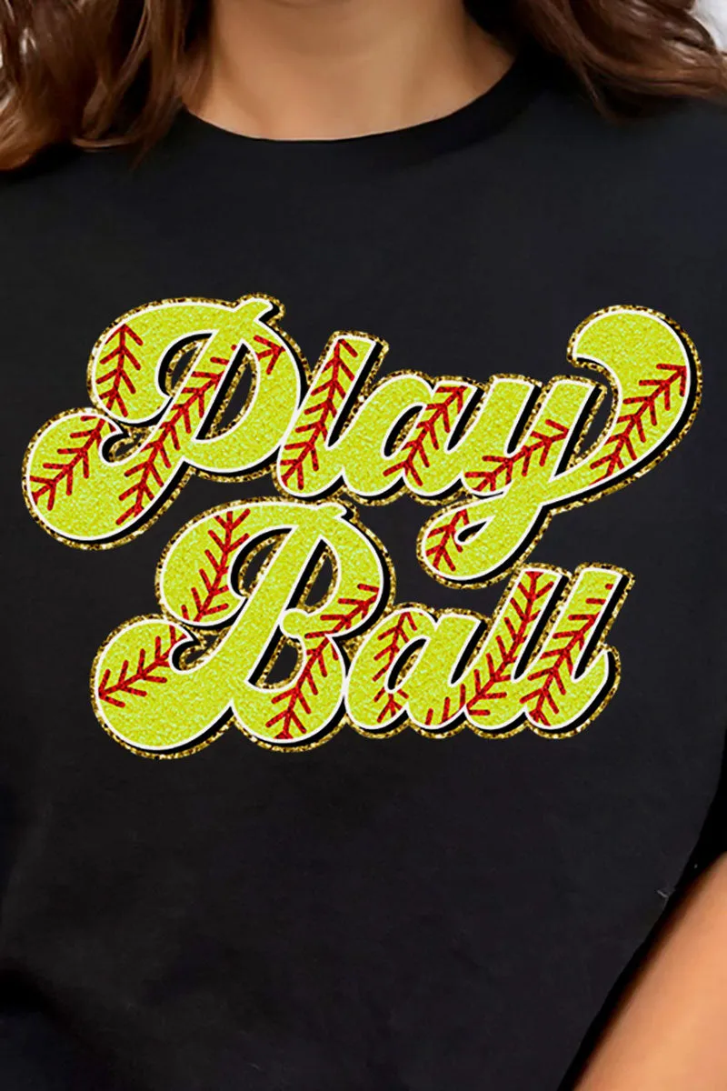 Play Ball Softball Faux Chenille Patch Transfer Short Sleeve Relaxed Fit T-Shirt