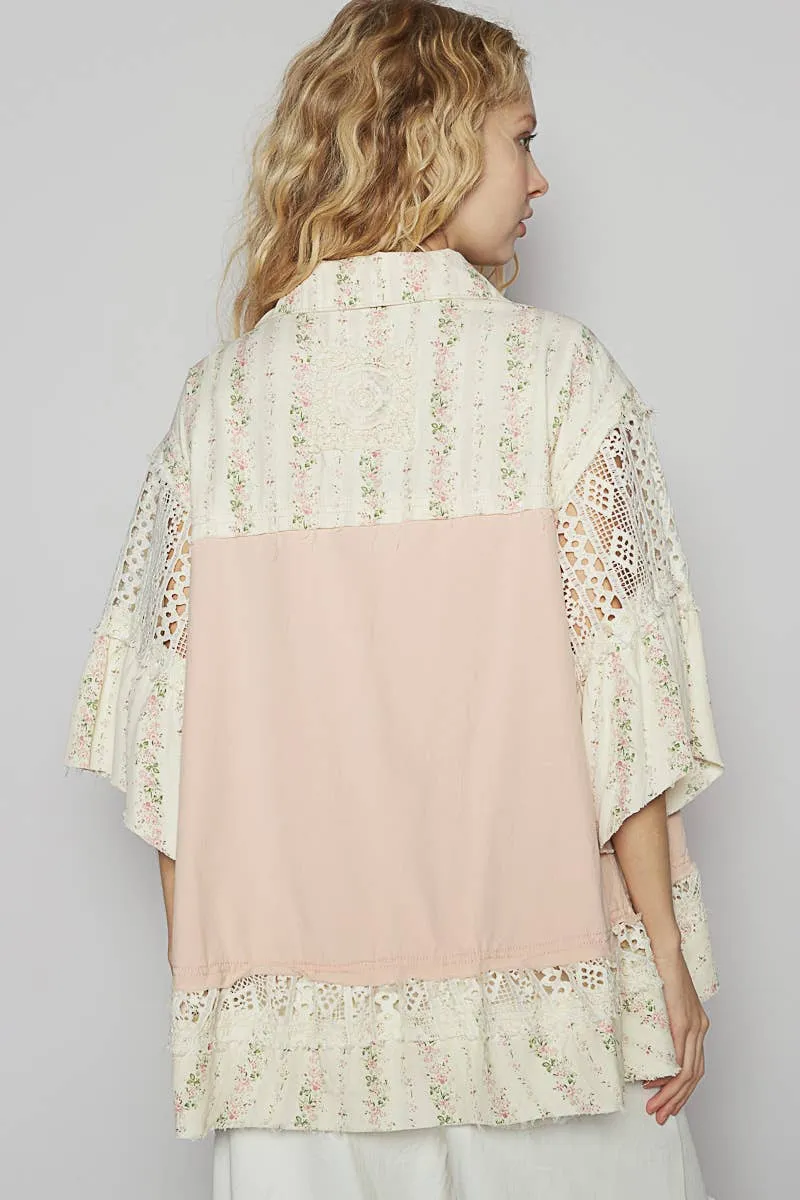 POL Clothing Short Sleeve Lace Embroidered Denim Jacket