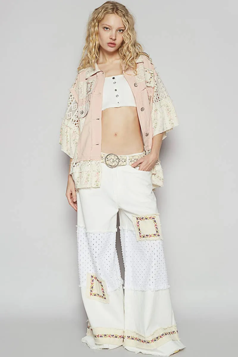 POL Clothing Short Sleeve Lace Embroidered Denim Jacket