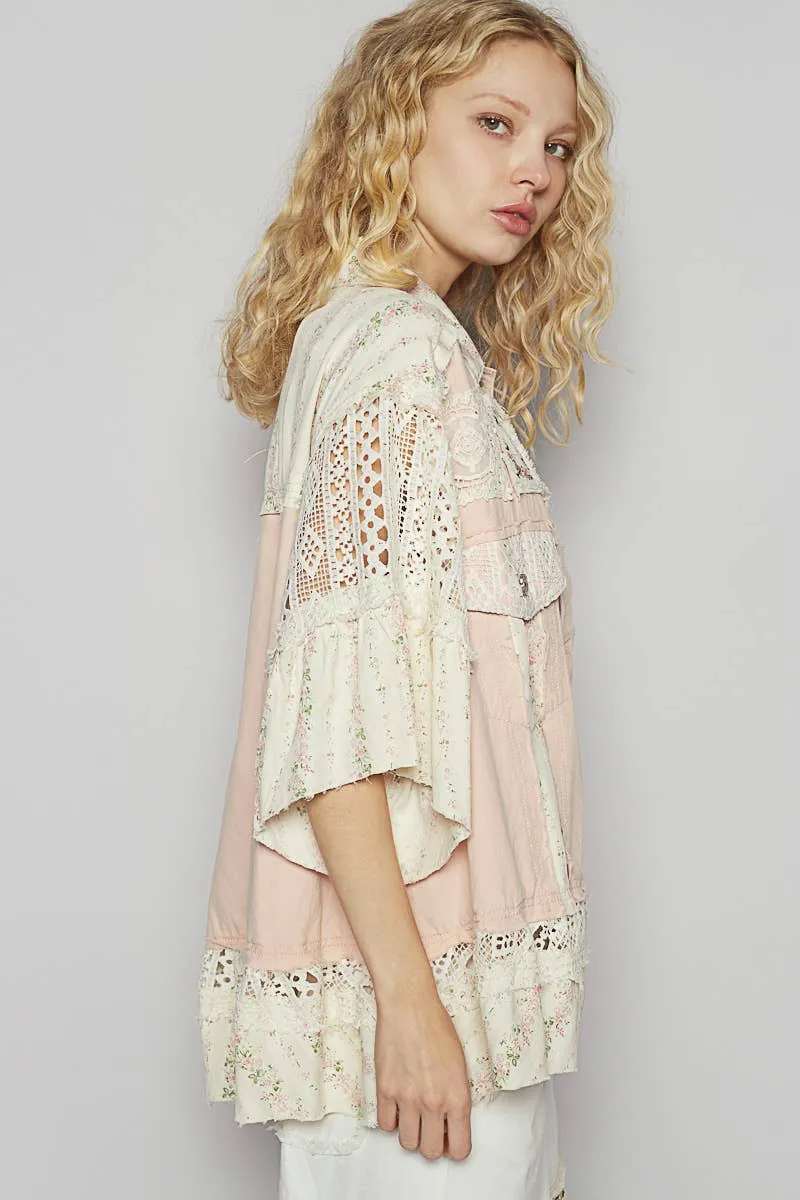 POL Clothing Short Sleeve Lace Embroidered Denim Jacket