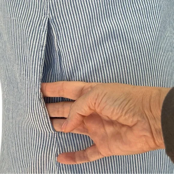 Pomegranate | Tie neck pockets 100% cotton blue &amp; white pinstriped shift Sz S