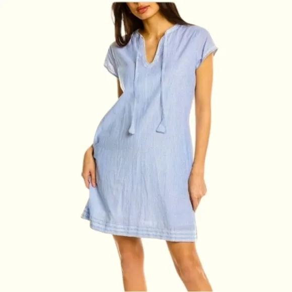 Pomegranate | Tie neck pockets 100% cotton blue &amp; white pinstriped shift Sz S