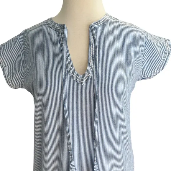 Pomegranate | Tie neck pockets 100% cotton blue &amp; white pinstriped shift Sz S