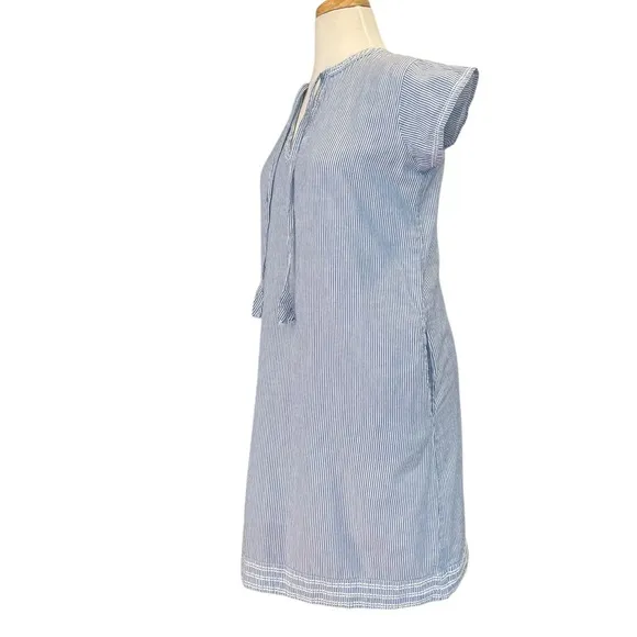 Pomegranate | Tie neck pockets 100% cotton blue &amp; white pinstriped shift Sz S