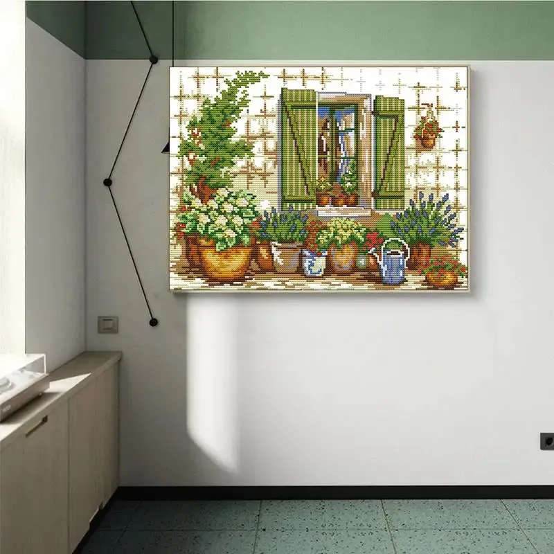 Potted Plant Outside Window Cross Stitch Kit