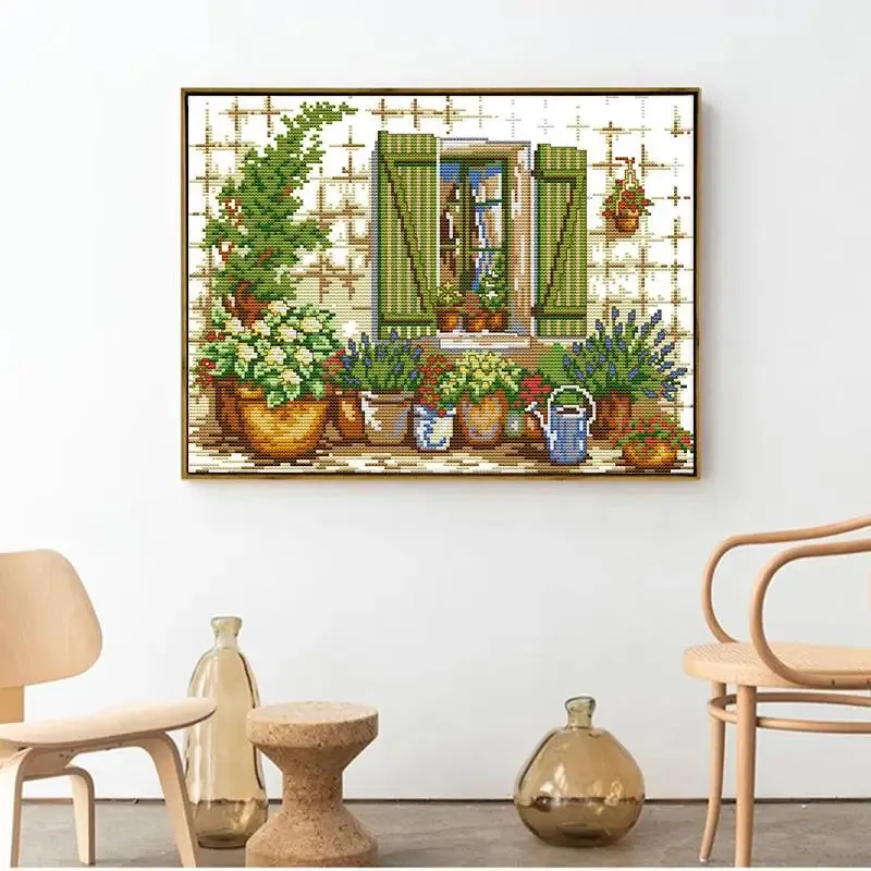Potted Plant Outside Window Cross Stitch Kit