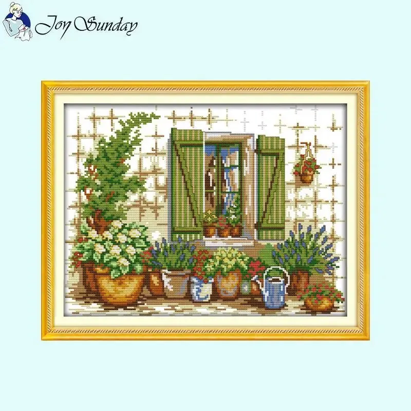 Potted Plant Outside Window Cross Stitch Kit