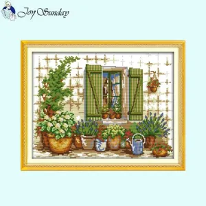 Potted Plant Outside Window Cross Stitch Kit
