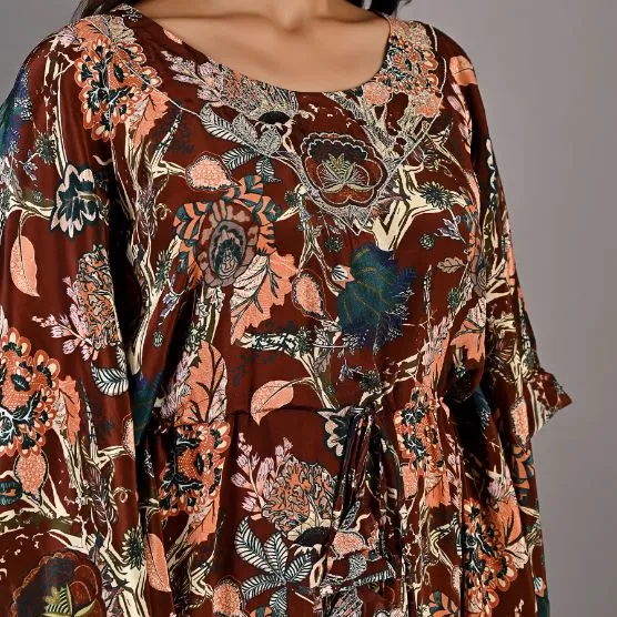 Raisa- Maroon & Multi Printed Kaftan Dress with Embroidered Neckline