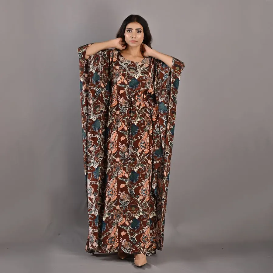 Raisa- Maroon & Multi Printed Kaftan Dress with Embroidered Neckline