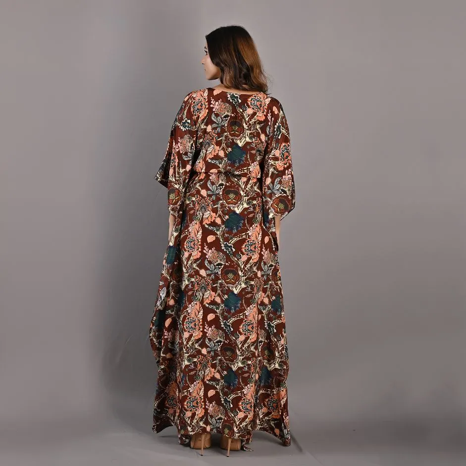 Raisa- Maroon & Multi Printed Kaftan Dress with Embroidered Neckline
