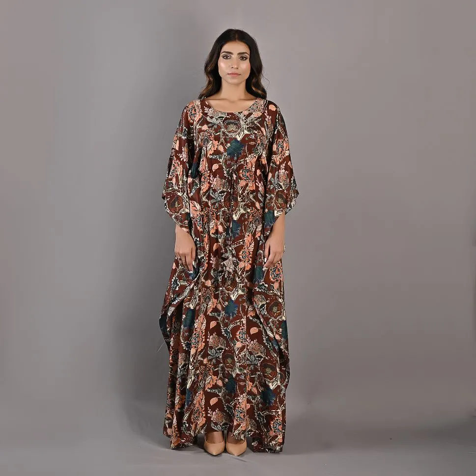 Raisa- Maroon & Multi Printed Kaftan Dress with Embroidered Neckline