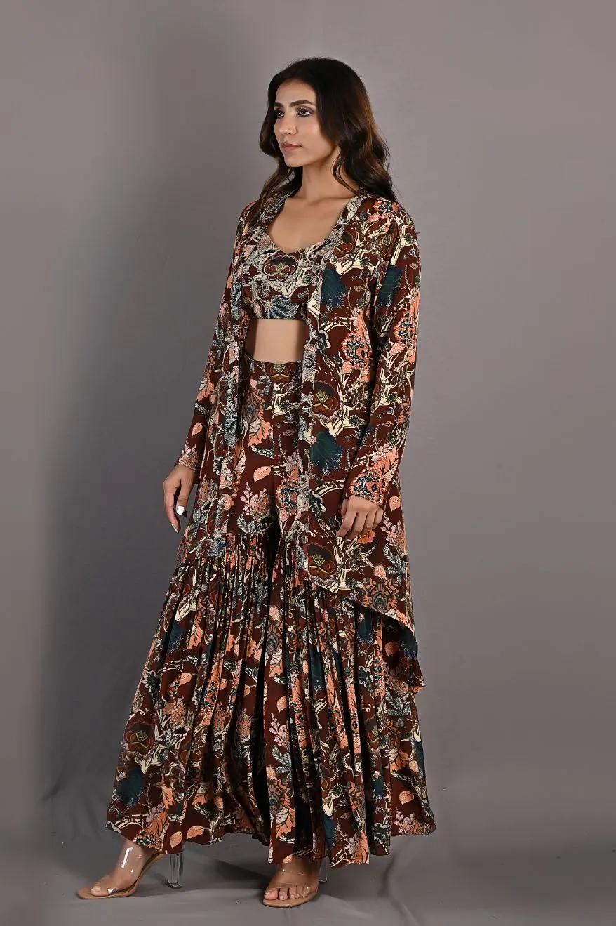 Rayen- Maroon & Multi Printed Embroidered Crop Top with Cape and Sharara Set
