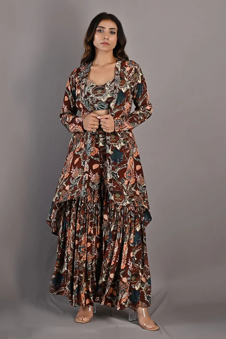 Rayen- Maroon & Multi Printed Embroidered Crop Top with Cape and Sharara Set