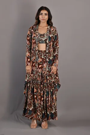 Rayen- Maroon & Multi Printed Embroidered Crop Top with Cape and Sharara Set