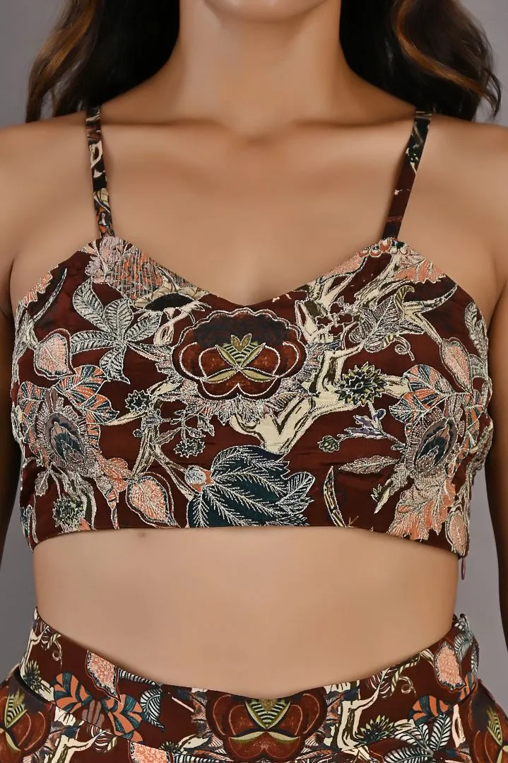 Rayen- Maroon & Multi Printed Embroidered Crop Top with Cape and Sharara Set
