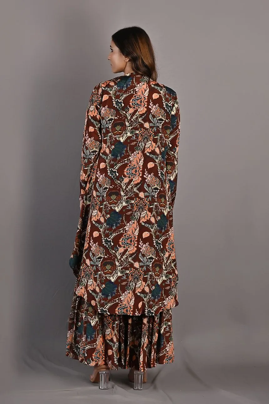 Rayen- Maroon & Multi Printed Embroidered Crop Top with Cape and Sharara Set