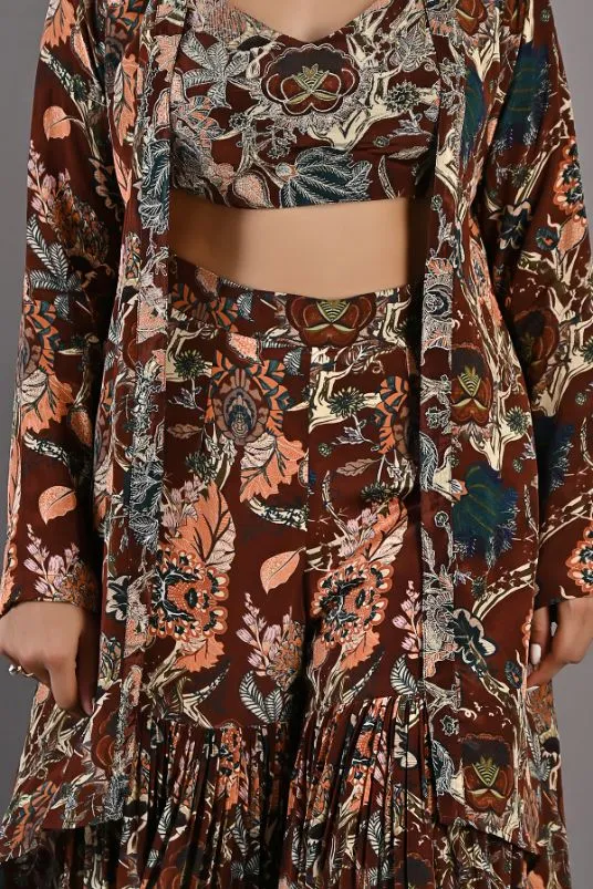 Rayen- Maroon & Multi Printed Embroidered Crop Top with Cape and Sharara Set