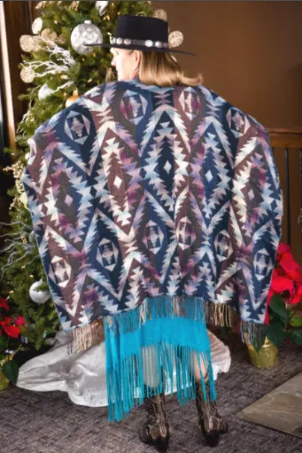 Rhonda Stark Italian Acrylic Collection: Shawl Aztec Ocean, Fringe