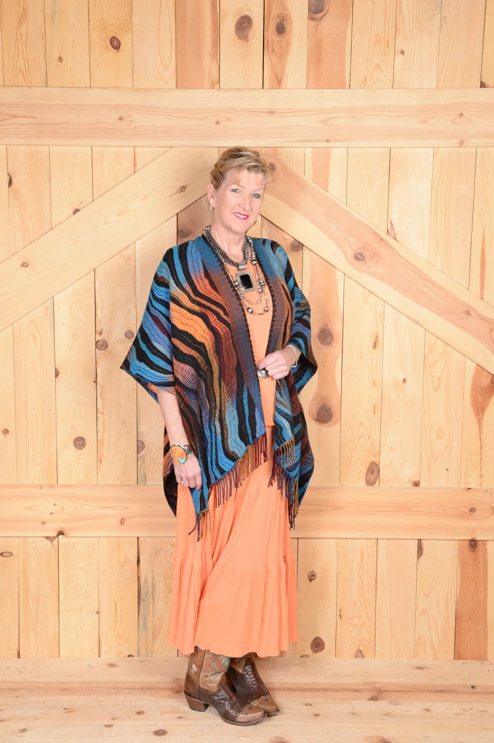 Rhonda Stark Italian Acrylic Collection: Shawl Turquoise Wave, Fringe