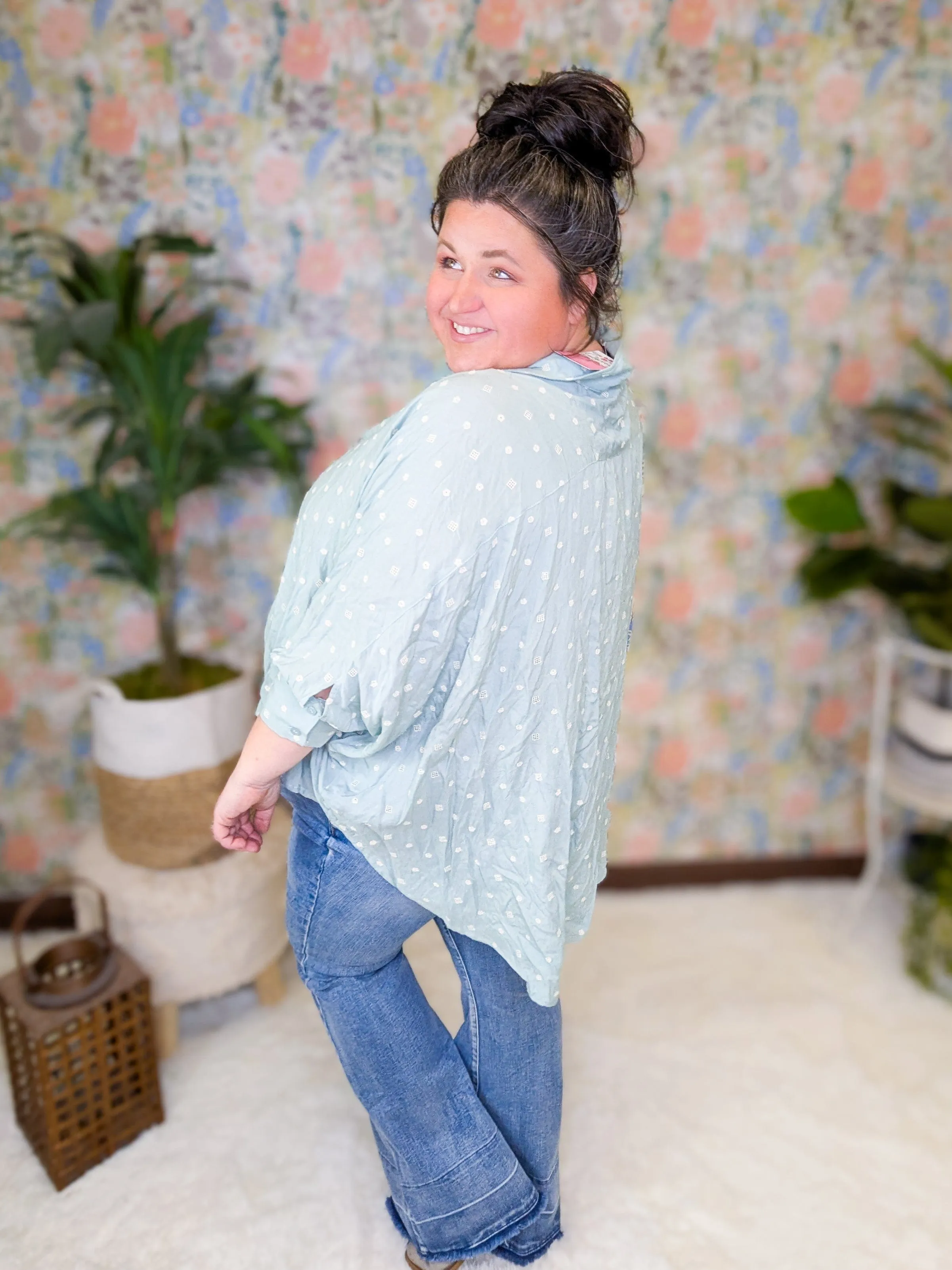 Rosalie Aqua Mint Embroidered Half Buttondown Top