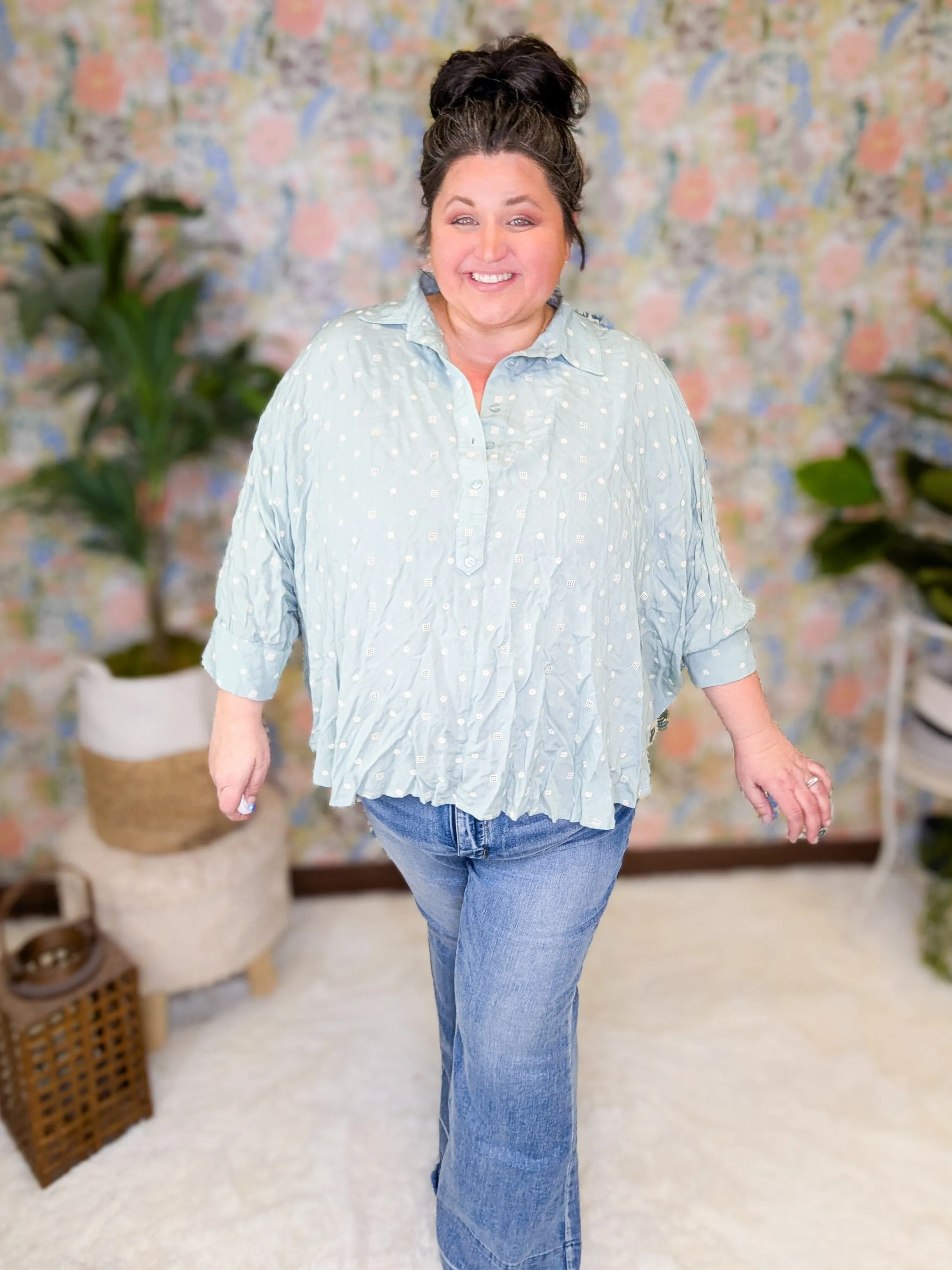 Rosalie Aqua Mint Embroidered Half Buttondown Top