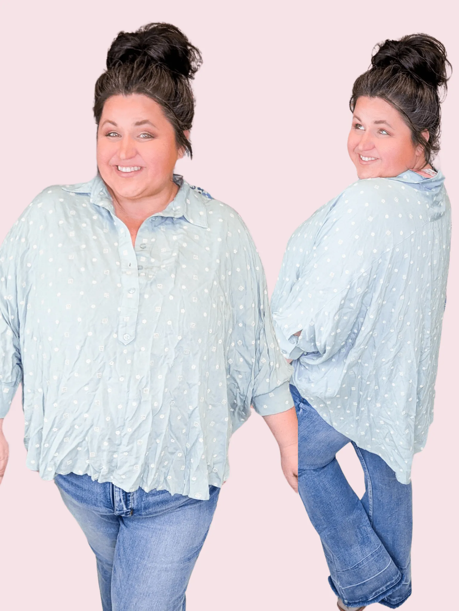 Rosalie Aqua Mint Embroidered Half Buttondown Top