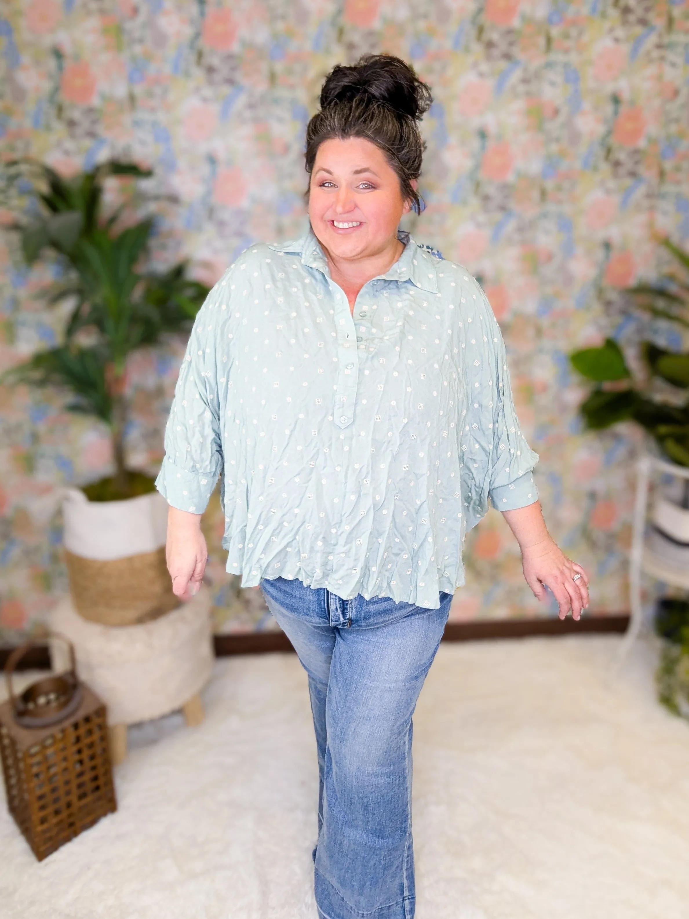 Rosalie Aqua Mint Embroidered Half Buttondown Top