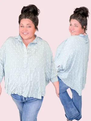 Rosalie Aqua Mint Embroidered Half Buttondown Top