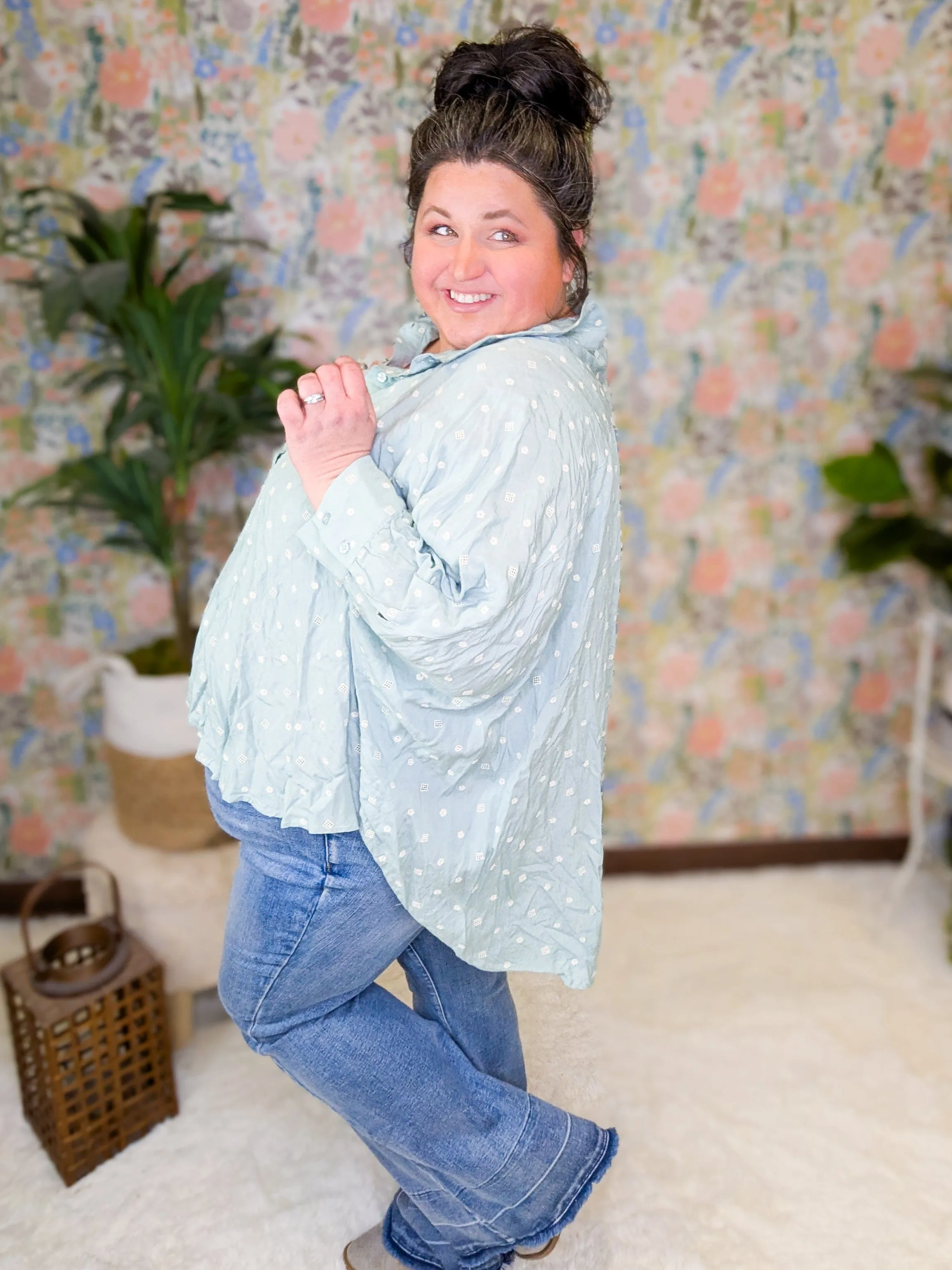 Rosalie Aqua Mint Embroidered Half Buttondown Top