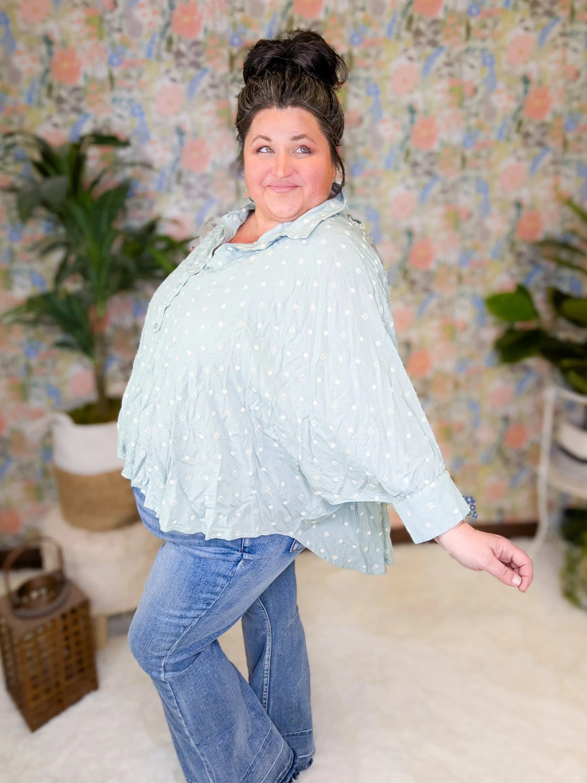 Rosalie Aqua Mint Embroidered Half Buttondown Top