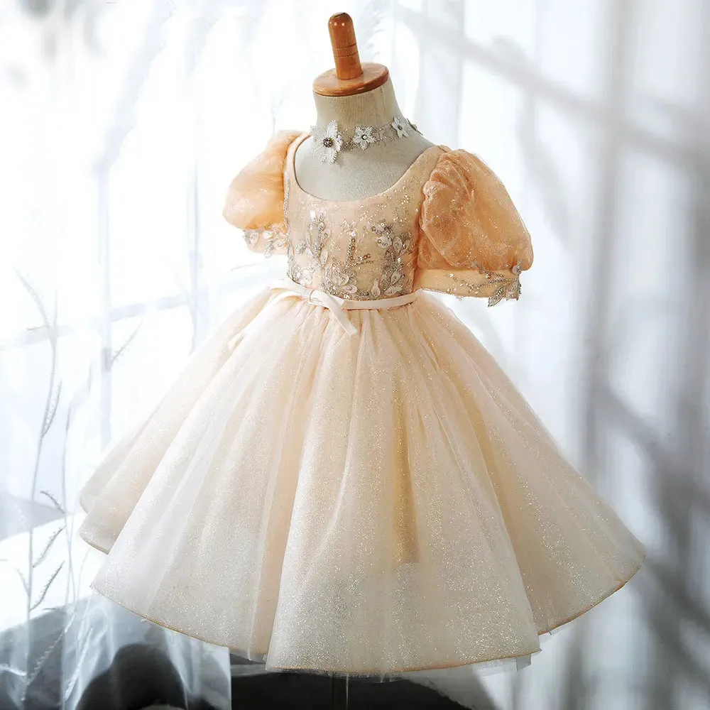 Roycebridal Champagne Square Collar Baby Girl Dresses Arabic Beading Sequined Princess Gown for Birthday Wedding Party Show J405
