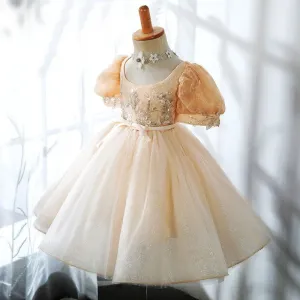 Roycebridal Champagne Square Collar Baby Girl Dresses Arabic Beading Sequined Princess Gown for Birthday Wedding Party Show J405