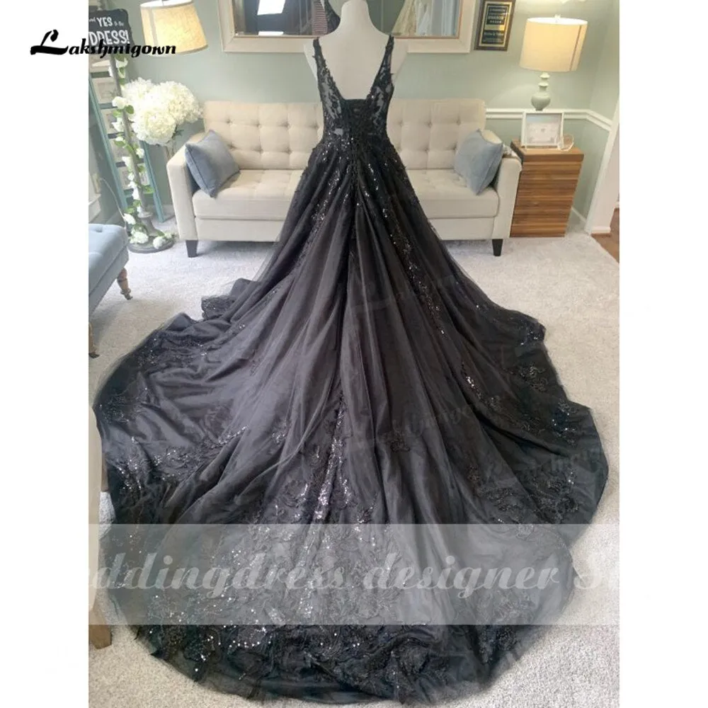 Roycebridal Gorgeous Black Wedding Dress with V neckline Sequins Lace Gothic Wedding Gown Custom Made robe de mariee noire gothique 2024