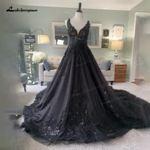 Roycebridal Gorgeous Black Wedding Dress with V neckline Sequins Lace Gothic Wedding Gown Custom Made robe de mariee noire gothique 2024