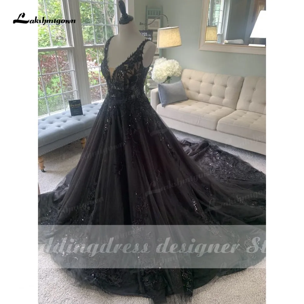 Roycebridal Gorgeous Black Wedding Dress with V neckline Sequins Lace Gothic Wedding Gown Custom Made robe de mariee noire gothique 2024