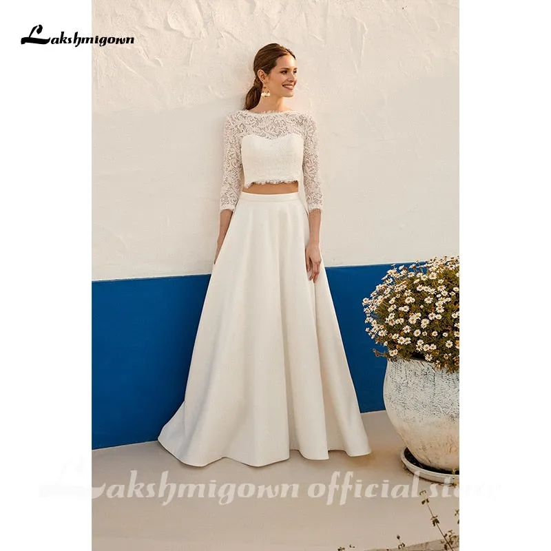 Roycebridal Lakshmigown Bohemian Two Pieces Wedding Dresses Lace Top Jewel Neck Holiday Country Beach Bride Gown Vestidos De Novia