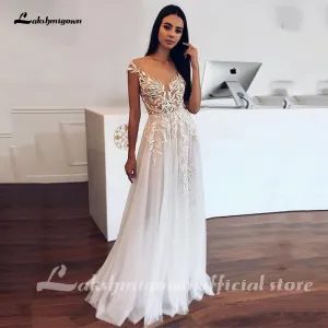 Roycebridal Lakshmigown Boho Lace Wedding Dress Cap Sleeve Vintage Lace Appliques Bride Dresses Vestido De Novia Custom Made