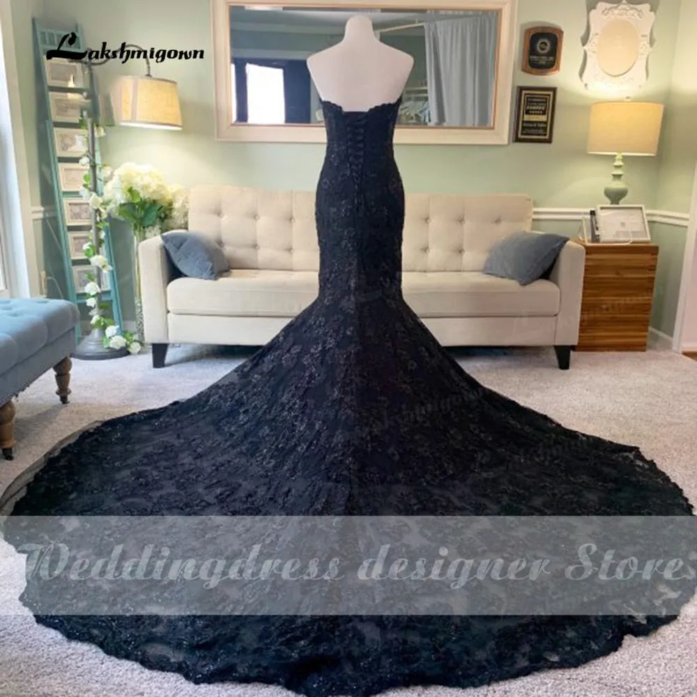 Roycebridal Roycebridal 2022 Elegant Gothic Wedding Dresses with Cape Veil Black Strapless Bridal Gowns with Sequins Floral Lace robe mariage femme