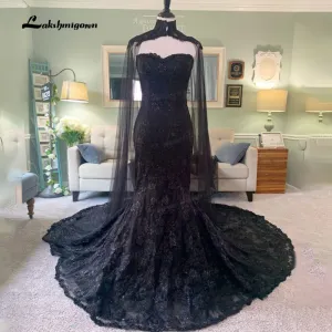 Roycebridal Roycebridal 2022 Elegant Gothic Wedding Dresses with Cape Veil Black Strapless Bridal Gowns with Sequins Floral Lace robe mariage femme