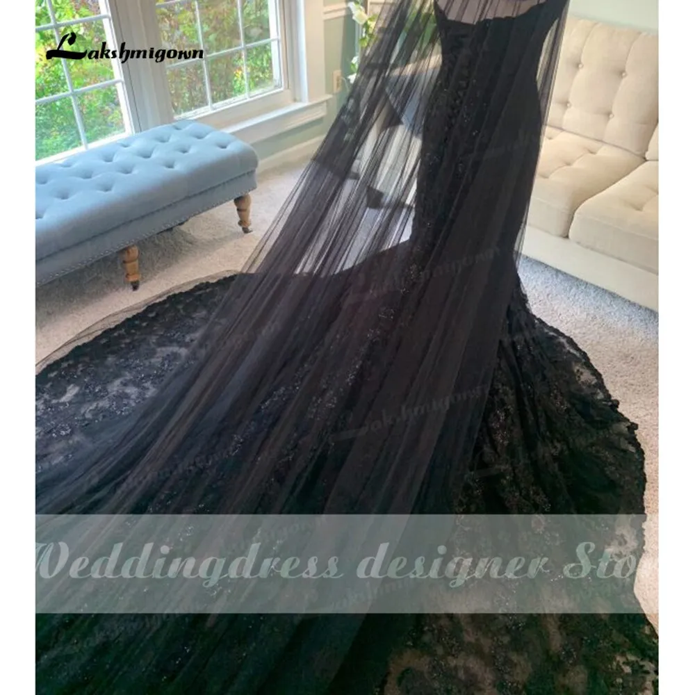 Roycebridal Roycebridal 2022 Elegant Gothic Wedding Dresses with Cape Veil Black Strapless Bridal Gowns with Sequins Floral Lace robe mariage femme