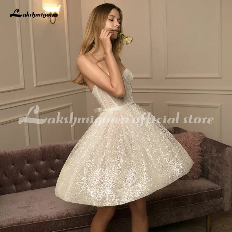 Roycebridal Shiny Sweetheart Short Wedding Dresses  Sleeveless Illusion A-Line Vintage Glitter Bridal Gowns Vestidos De NoviaLakshmigown