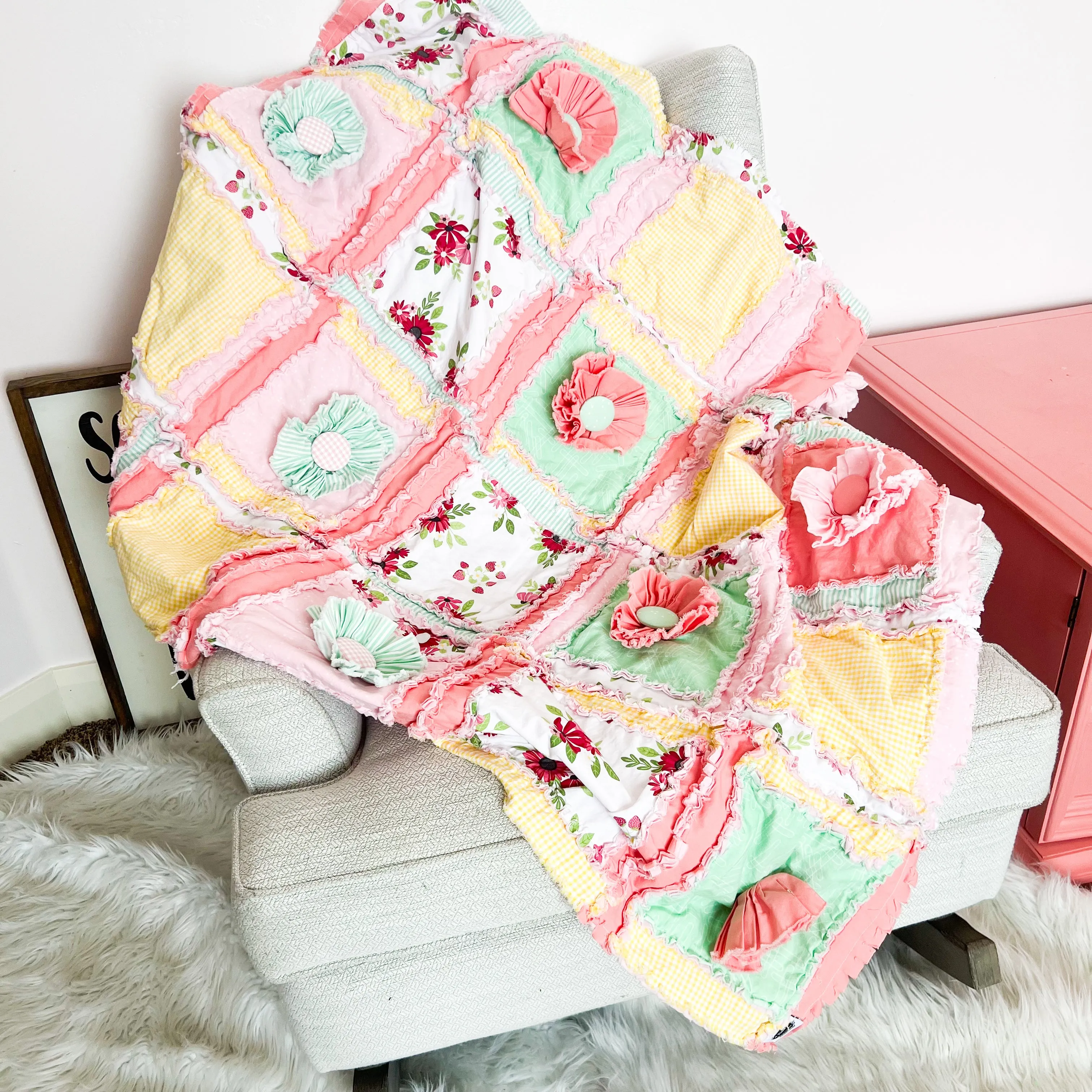 Ruffle Flower Baby Girl Crib Bedding in Yellow, Pink, and Mint