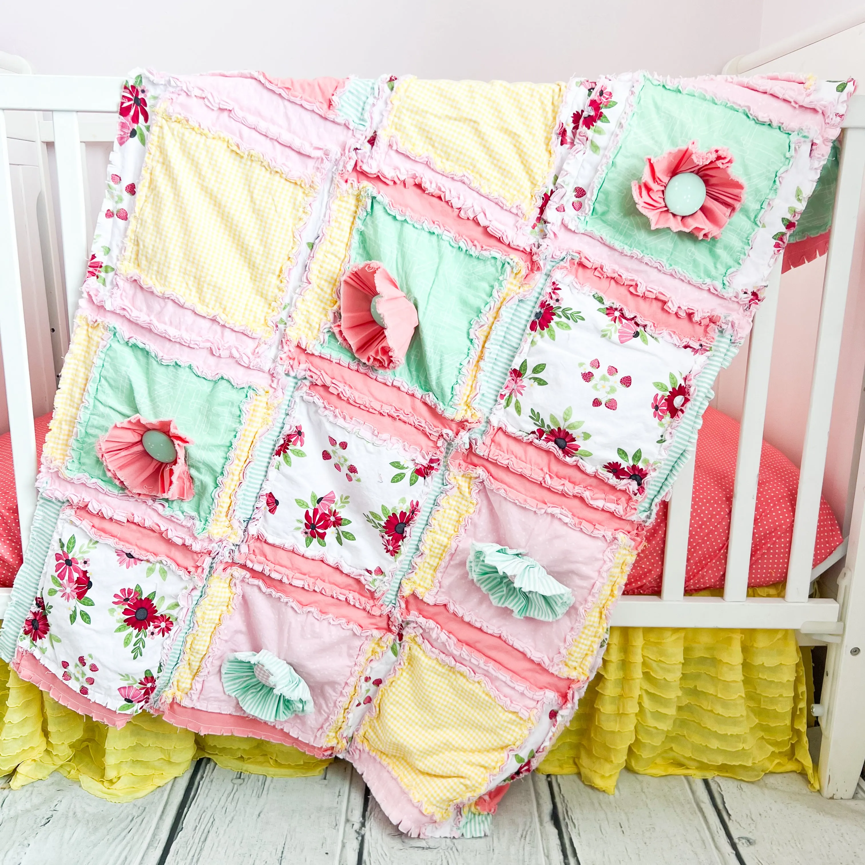 Ruffle Flower Baby Girl Crib Bedding in Yellow, Pink, and Mint