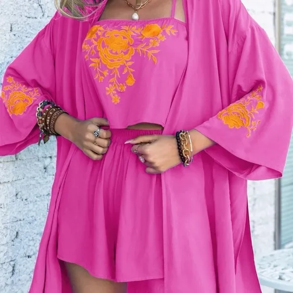 🆕💞Rusttydustty Floral Embroidered Drop Shoulder Coat 3 Piece Shorts Set💞