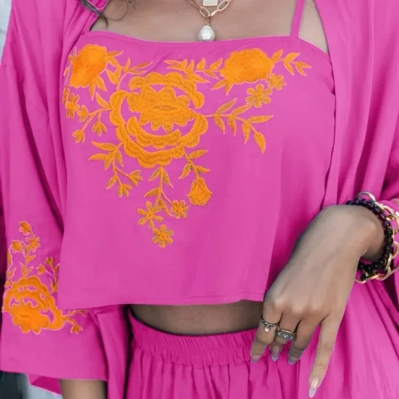 🆕💞Rusttydustty Floral Embroidered Drop Shoulder Coat 3 Piece Shorts Set💞
